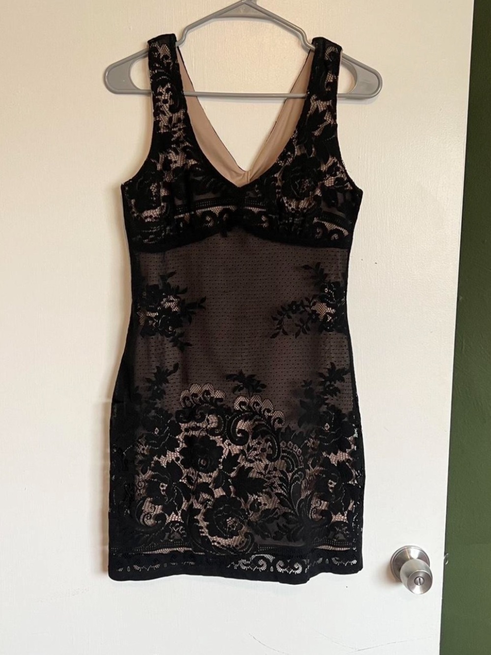 Evolution not revolution Y2K black lace overlay nude stretchy mini dress bodycon